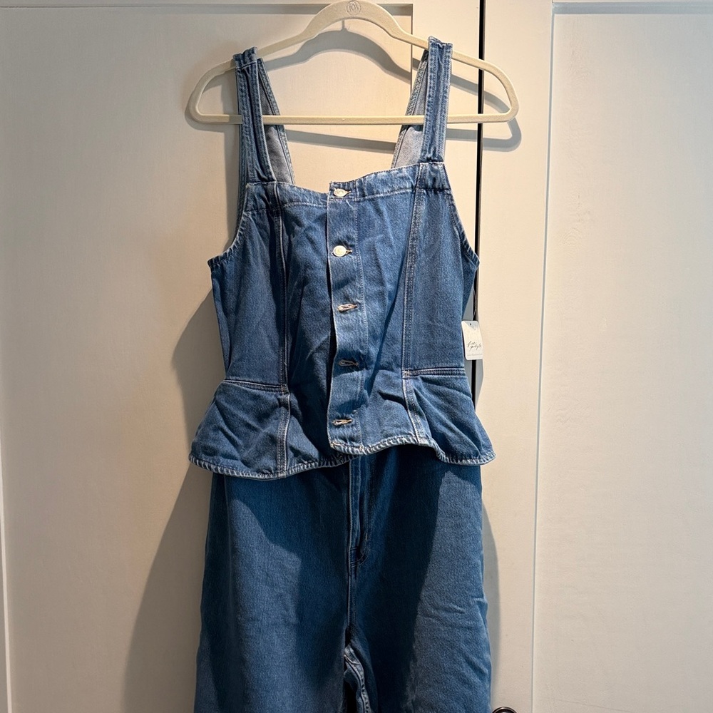 We The Free Blue Denim Button-Front Peplum Overalls